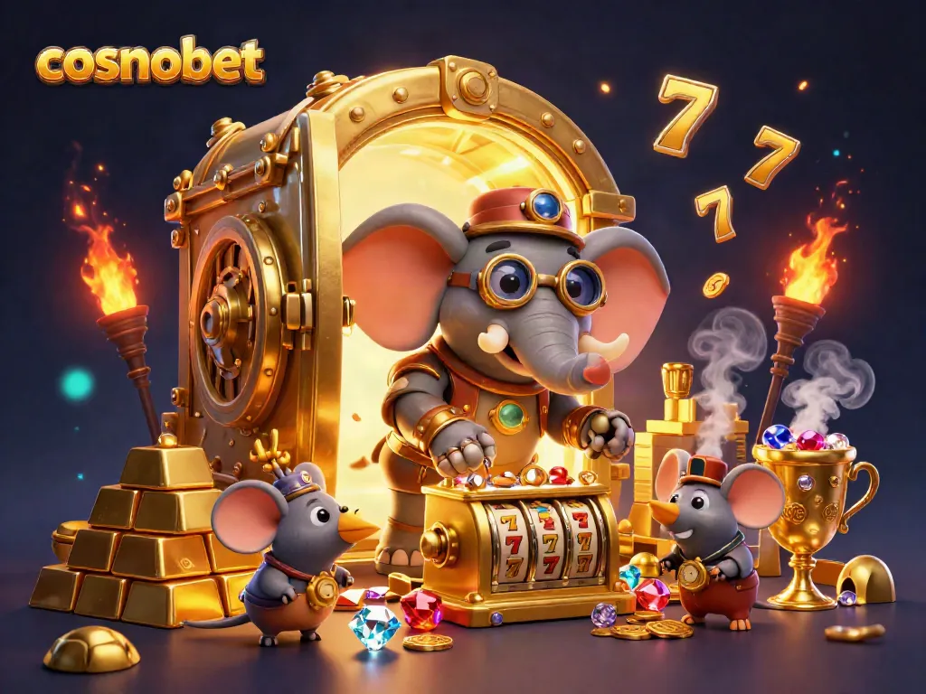 Spin the golden slot machine with cosmobet, featuring steampunk characters and treasures.