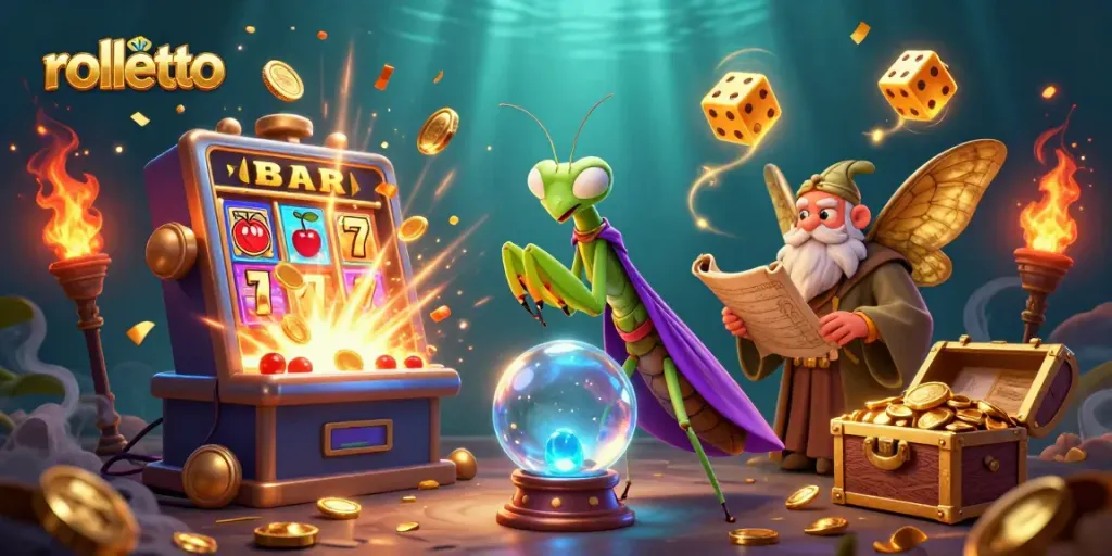 Engage with rolletto's vibrant casino experience featuring characters and game elements in a dynamic scene.