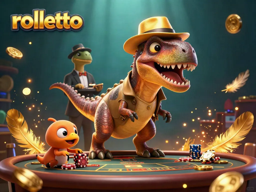 rolletto showcases a vibrant casino scene with a clever velociraptor card counter amidst excitement
