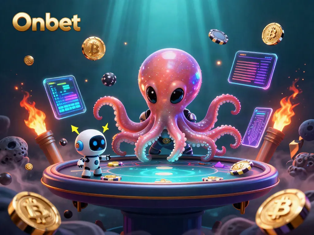 Engage with Onbet's thrilling gaming experience featuring an alien octopus at a poker table.