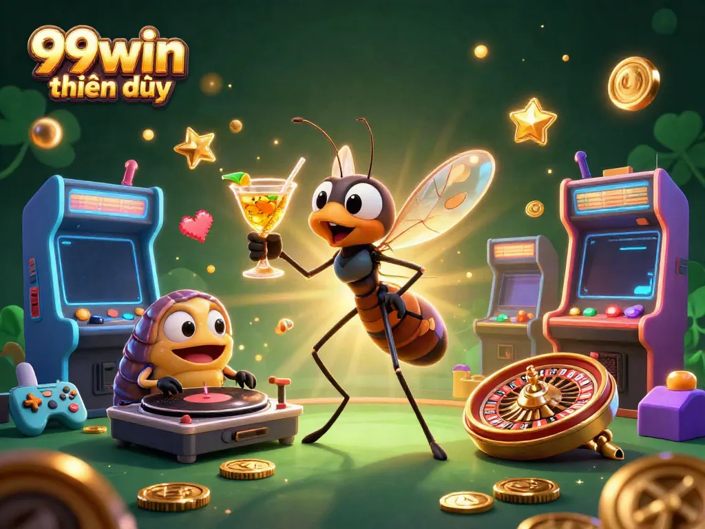 Experience 99win thiên đường with a vibrant casino-themed 3D illustration featuring animated characters and gaming elements.