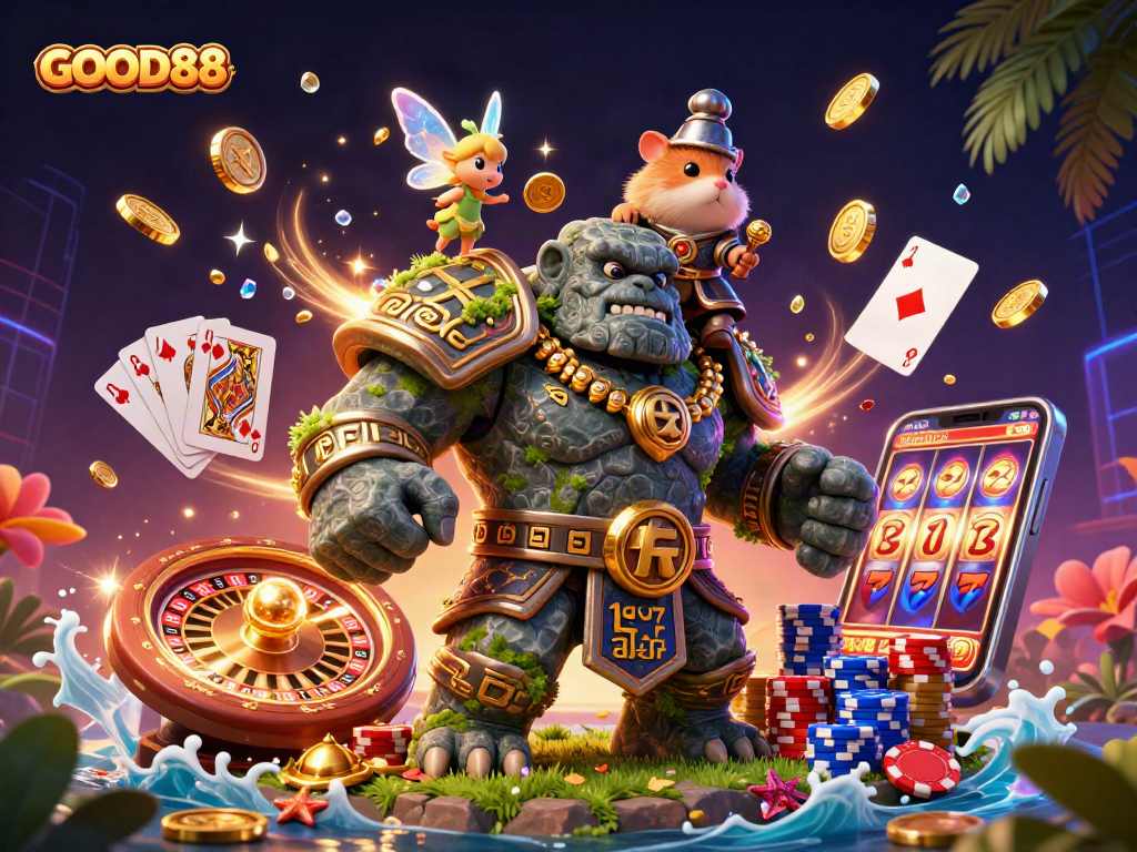 Engage with GOOD88's vibrant gaming action featuring characters, coins, and casino elements.