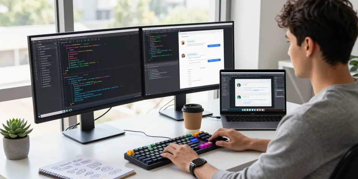 Developer working on an AI chatbot project with dual monitors in a modern office setting