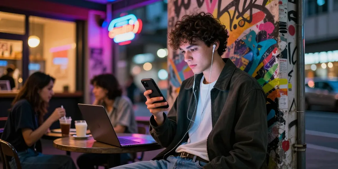 Person engaging in nsfw chat on smartphone in vibrant urban setting with colorful lights.