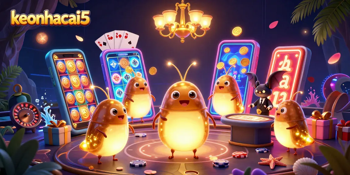 Experience the thrill of keonhacai5 with dynamic casino elements and glowworm characters lighting up the scene.