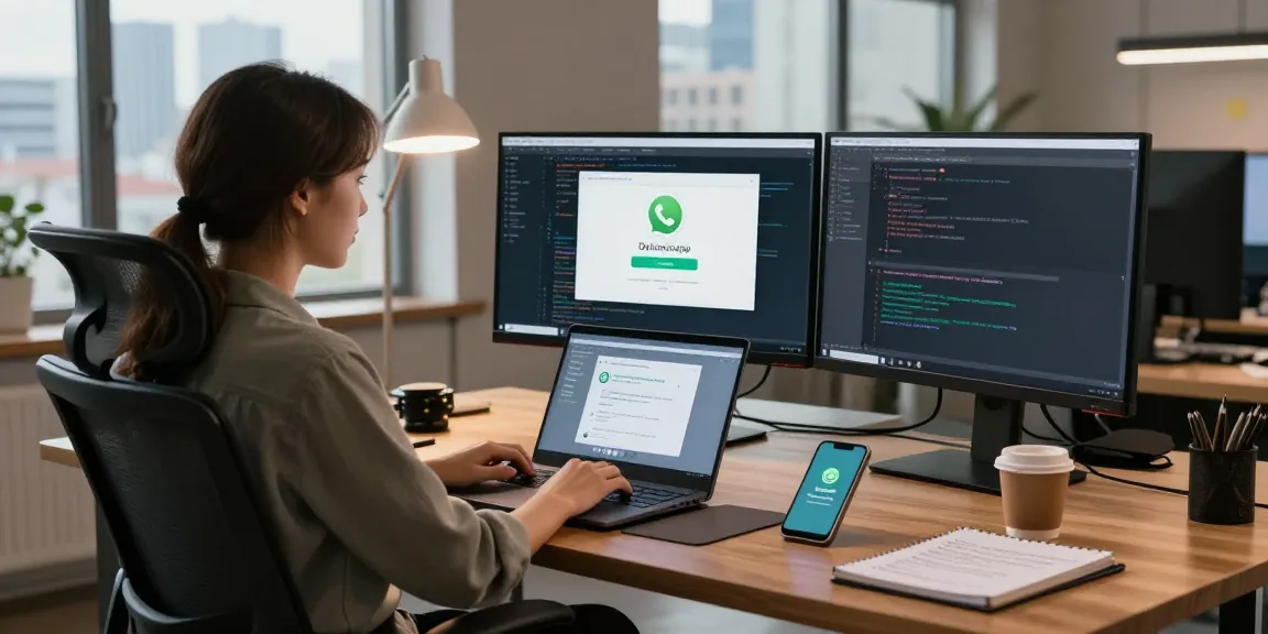 Professional workspace with a developer downloading WhatsApp下載 on a modern laptop, showcasing coding and tech elements.