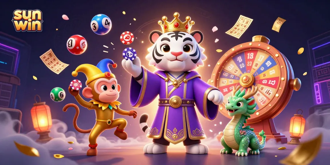Experience the dynamic world of sun win as a white tiger, a golden monkey, and a jade dragon immerse in vibrant lottery and casino elements.