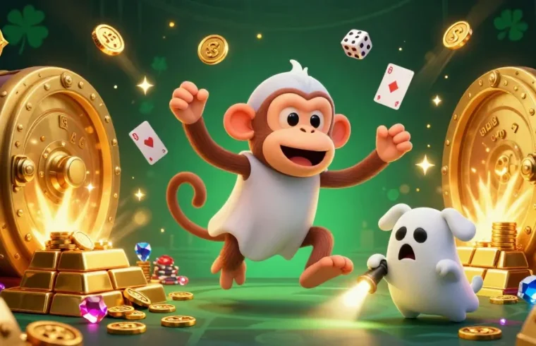 Dhani win poltergeist monkey juggling golden gambling items in a haunted casino scene.