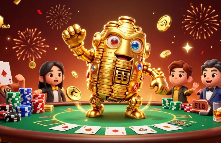 Tải 789club with ancient golden golem, poker chips, and festive casino atmosphere.
