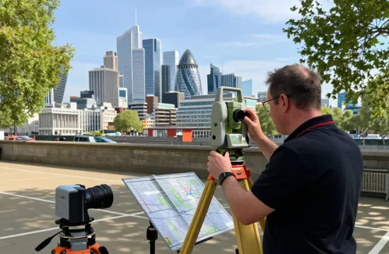 Topographical surveys london by professional surveyor using GPS equipment in urban landscape.
