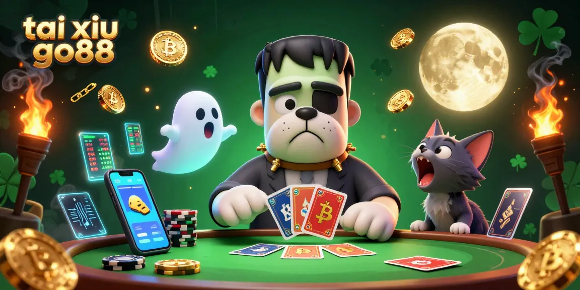 Tai xiu go88 card dealing by a 3D cartoon Frankenstein bulldog amidst glowing Bitcoin coins at a spooky table.