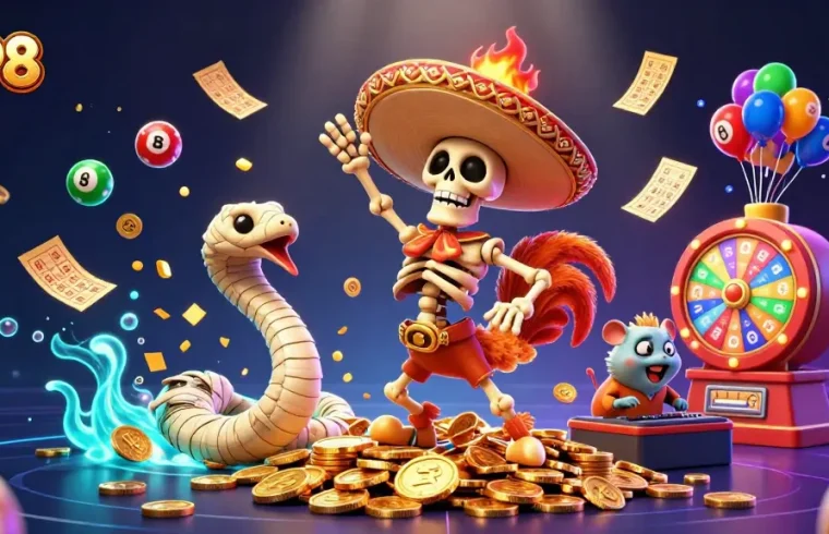 M98 entertainment visualizes vibrant gaming with a mariachi rooster, spinning prizes, and lottery action.
